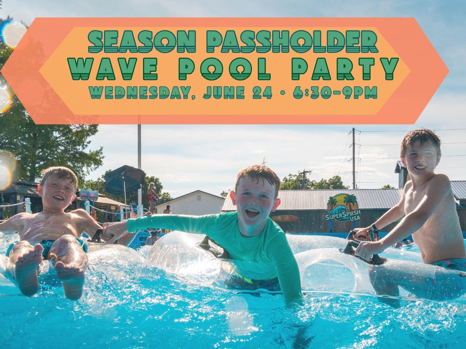 Pass holders floating in the wave pool at sunset during the exclusive evening party