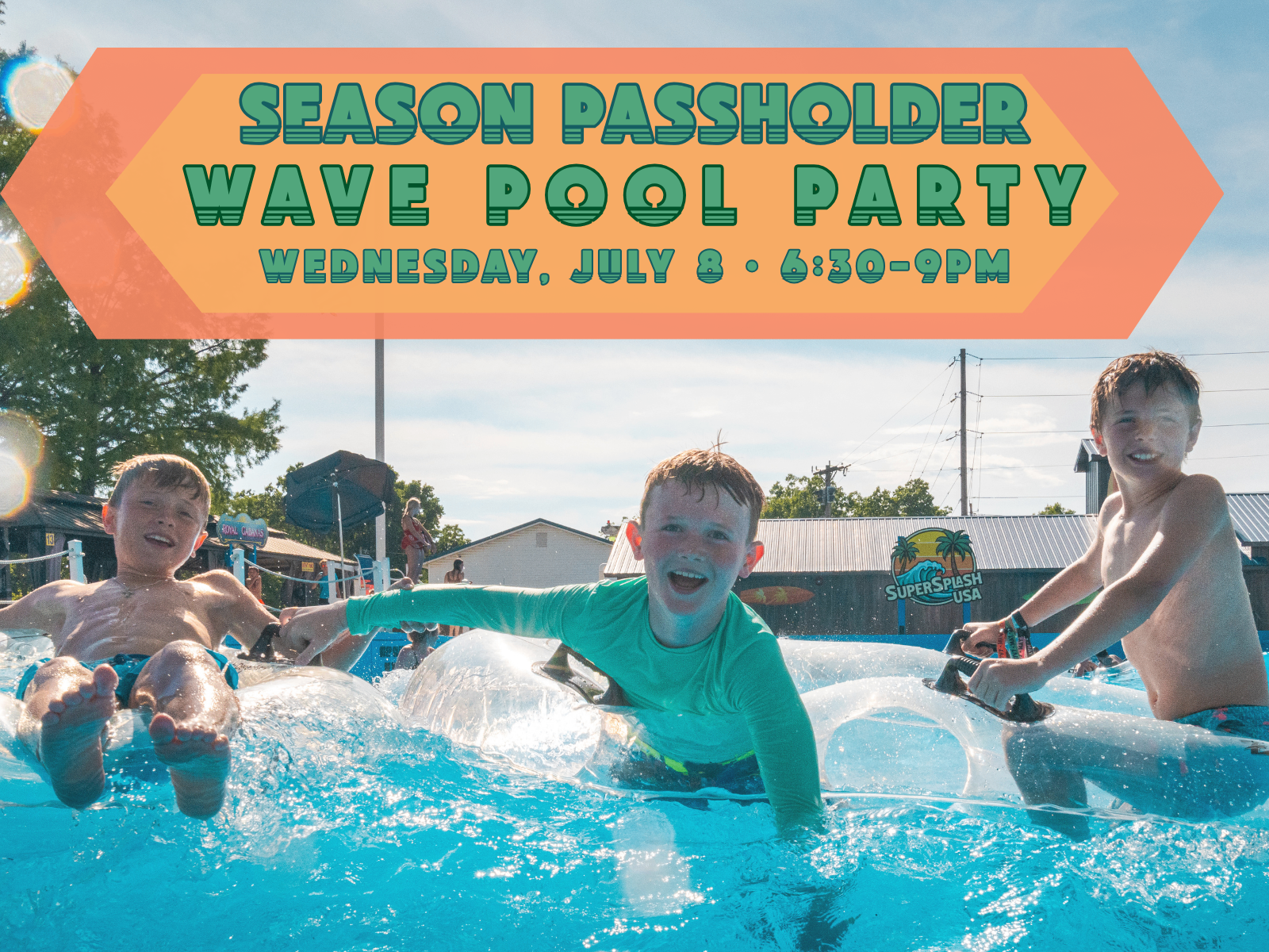 Season Passholder Wave Pool Party flyer, Wednesday July 8, 6:30 to 9 PM, kids playing in the wave pool