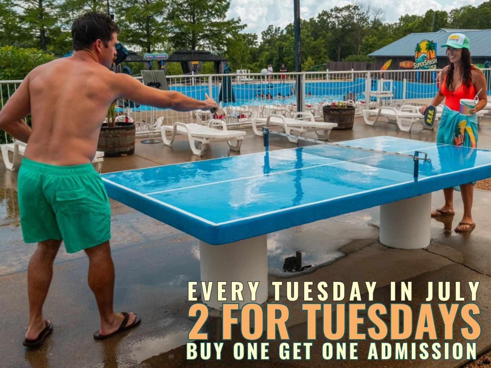 SuperSplash USA 2 for Tuesday on Tuesday July 21. Buy one regular admission and get one free, 10 AM to 6 PM.